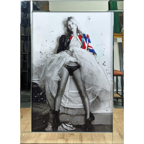 337 - CONTEMPORARY SCHOOL PRINT, Kate Moss, with relief detail, framed. 107cm 75.5cm.