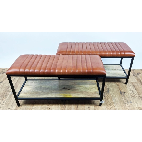 304 - WINDOW SEATS, a pair, 90cm x 35cm 47cm, faux tan leather upholstered, wooden undertier shelf, painte... 