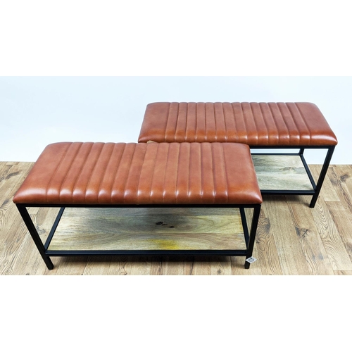 304 - WINDOW SEATS, a pair, 90cm x 35cm 47cm, faux tan leather upholstered, wooden undertier shelf, painte... 