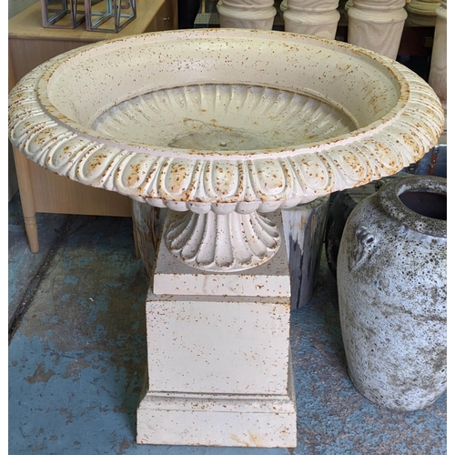 325 - TAZZA STYLE URN PLANTER, on stand, aged painted metal, 95cm H.