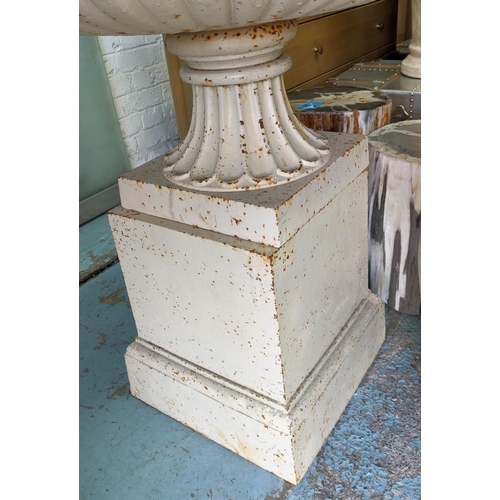 325 - TAZZA STYLE URN PLANTER, on stand, aged painted metal, 95cm H.