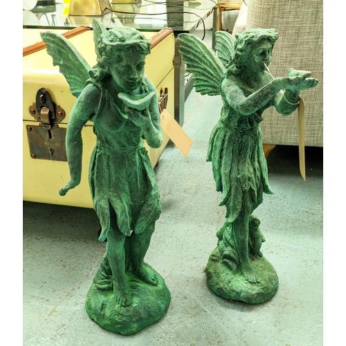 327 - FAIRIES, a set of two, differing, cast metal, 51cm H at tallest. (2)