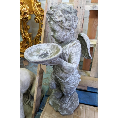 328 - PUTTI WITH DISH, cast metal, 75cm H.