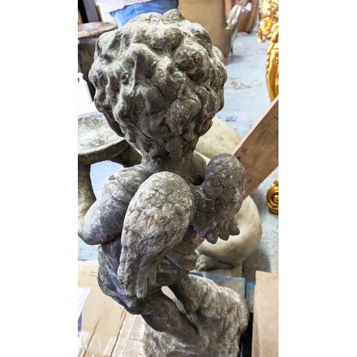 328 - PUTTI WITH DISH, cast metal, 75cm H.