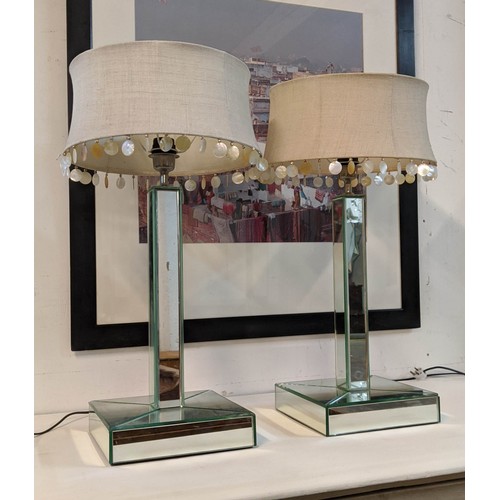 324 - TABLE LAMPS, a pair, mirrored, shades with shell detail, 67cm H, (to be sold on behalf of Biodynamic... 