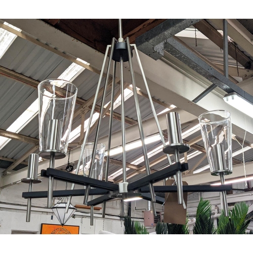 418 - CHANDELIER, contemporary design, six branch, three glass shades, 120cm drop.