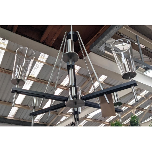 418 - CHANDELIER, contemporary design, six branch, three glass shades, 120cm drop.