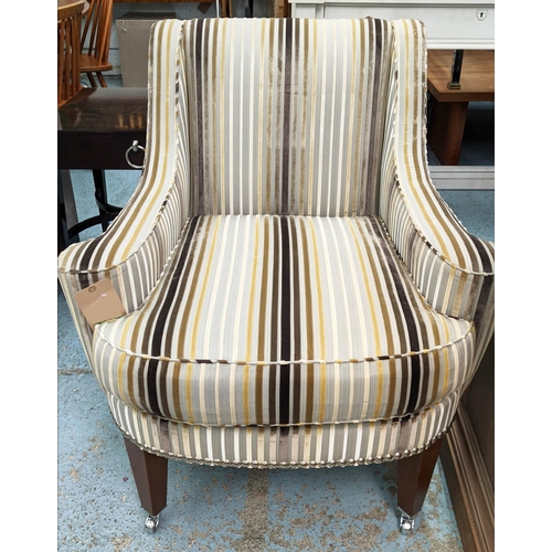 283 - ARMCHAIR AND STOOL, 85cm W striped fabric upholstery. (2)