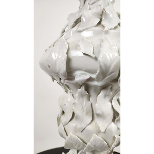 179 - WHITE PORCELAIN SIDE LAMP, in a leaf design on a gilt base, 80cm H overall including shade.