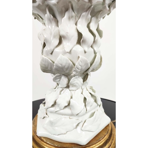 179 - WHITE PORCELAIN SIDE LAMP, in a leaf design on a gilt base, 80cm H overall including shade.