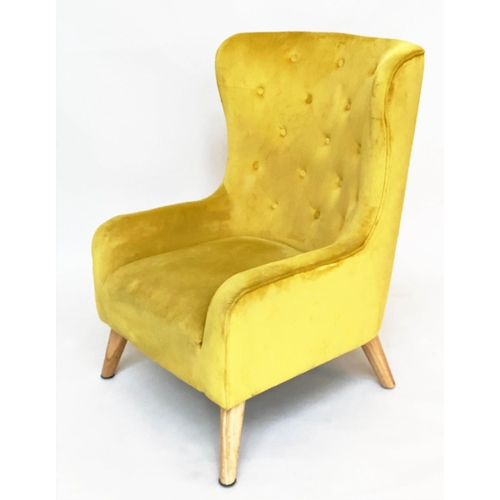 276 - WINGBACK ARMCHAIR, yellow velvet deep buttoned upholstery with swept supportd, 75cm W.