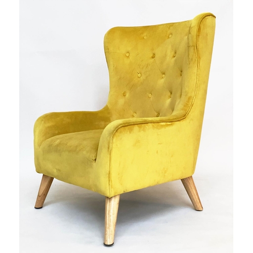 276 - WINGBACK ARMCHAIR, yellow velvet deep buttoned upholstery with swept supportd, 75cm W.