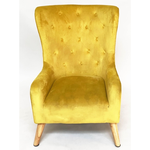 276 - WINGBACK ARMCHAIR, yellow velvet deep buttoned upholstery with swept supportd, 75cm W.