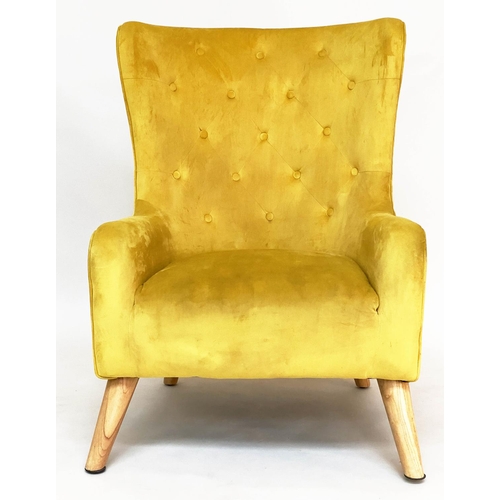 276 - WINGBACK ARMCHAIR, yellow velvet deep buttoned upholstery with swept supportd, 75cm W.