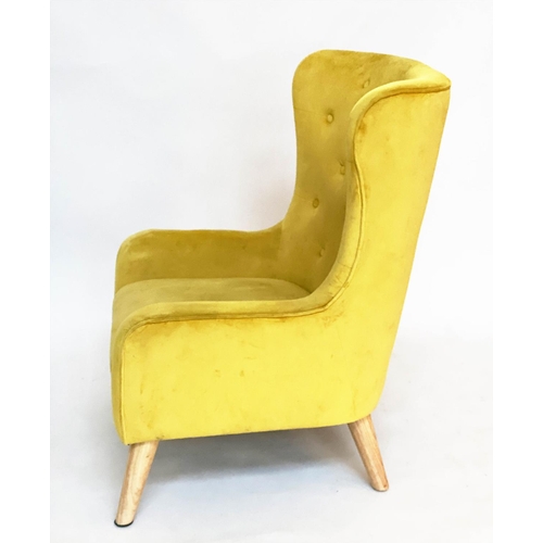 276 - WINGBACK ARMCHAIR, yellow velvet deep buttoned upholstery with swept supportd, 75cm W.