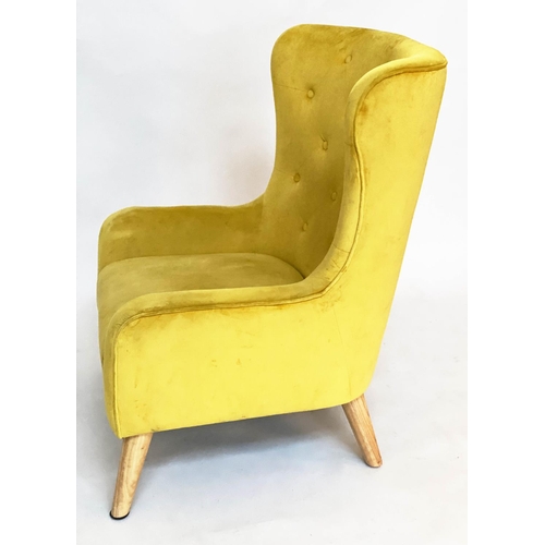 276 - WINGBACK ARMCHAIR, yellow velvet deep buttoned upholstery with swept supportd, 75cm W.