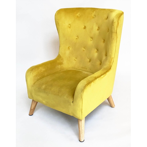 276 - WINGBACK ARMCHAIR, yellow velvet deep buttoned upholstery with swept supportd, 75cm W.