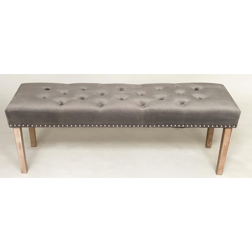 279 - WINDOW SEAT, rectangular deep buttoned velvet upholstered and brass studded, with tapering limed oak... 