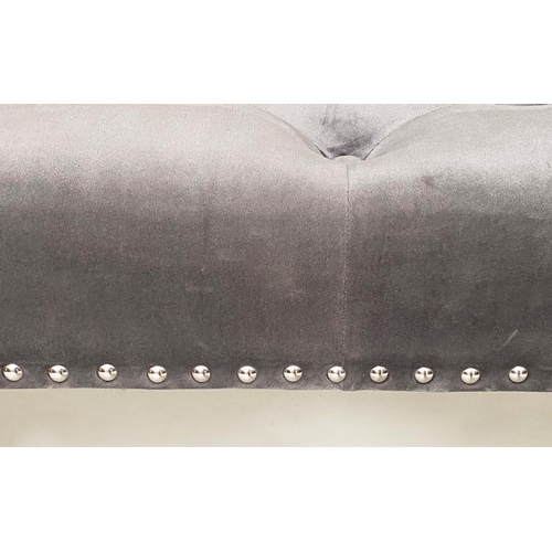 279 - WINDOW SEAT, rectangular deep buttoned velvet upholstered and brass studded, with tapering limed oak... 