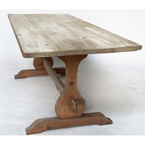 232 - DINING REFECTORY TABLE, vintage rectangular farmhouse style planked pine on pierced trestles and str... 