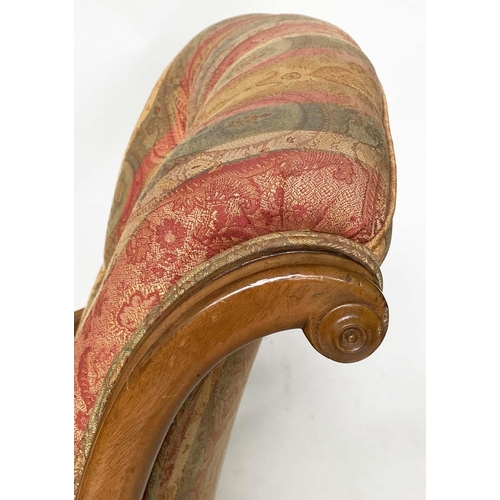 237 - ARMCHAIR, Victorian mahogany with paisley buttoned upholstery, scroll arms and turned front supports... 