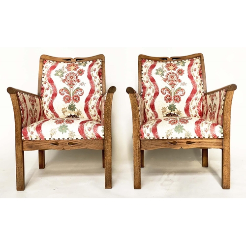 225 - ELBOW/ARMCHAIRS, a pair, early 20th century Arts and Crafts style pierced oak framed with old Englis... 