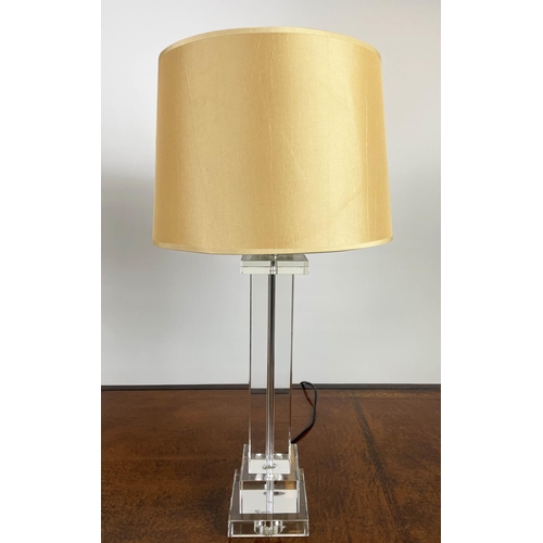 500 - TABLE LAMPS, a pair, clear glass columns with gold shades. (2)