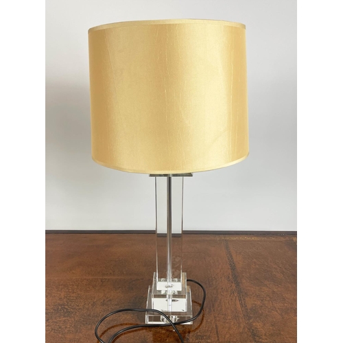 500 - TABLE LAMPS, a pair, clear glass columns with gold shades. (2)