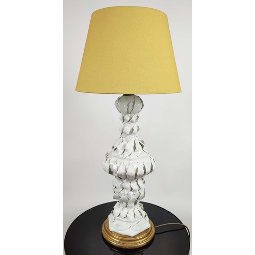 179 - WHITE PORCELAIN SIDE LAMP, in a leaf design on a gilt base, 80cm H overall including shade.