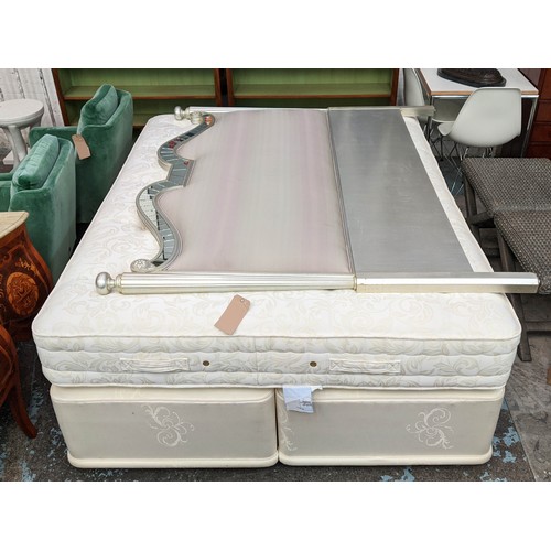 371 - DIVAN BED, mattress on a pair of bases with silvered headboard, 160cm W.