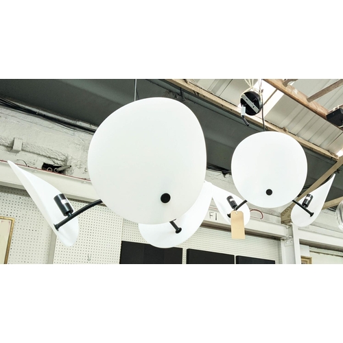 398 - CEILING LIGHTS, a pair, 1950s Italian style, each three branch, frosted glass shades, 121cm drop app... 