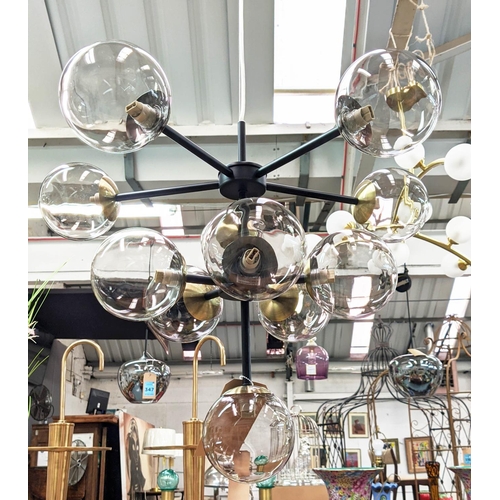 399 - CEILING LIGHTS, 1950s Italian style, a pair, each eleven branch, clear glass ball shades, 147cm drop... 