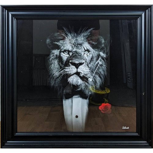 395 - THE 'LION' FATHER, contemporary school print, framed, 86cm x 86cm.