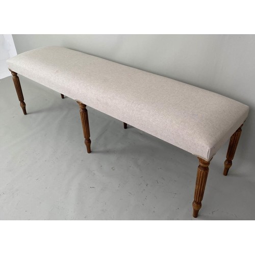 301 - HALL SEAT, 150cm L x 40cm x 50cm H, neutral cream upholstery, six turned supports.