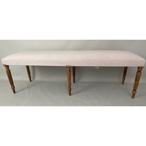 301 - HALL SEAT, 150cm L x 40cm x 50cm H, neutral cream upholstery, six turned supports.