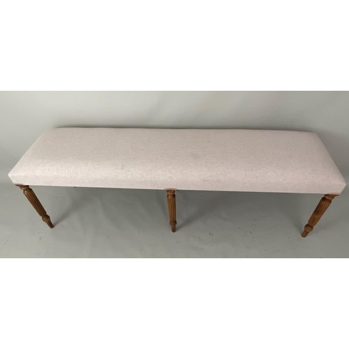 301 - HALL SEAT, 150cm L x 40cm x 50cm H, neutral cream upholstery, six turned supports.