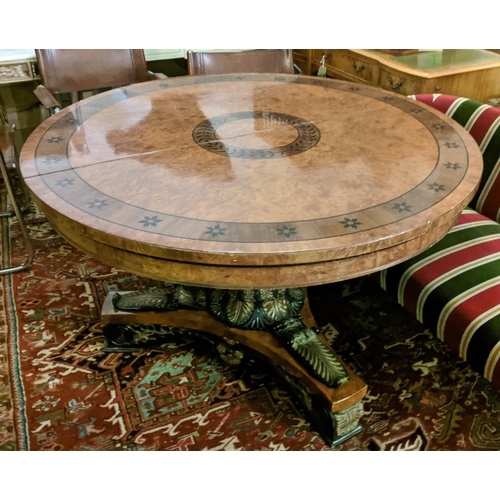 106 - DINING TABLE, 190cm L extended x 77cm H x 130cm D Empire revival late 20th century amboyna, fruitwoo... 