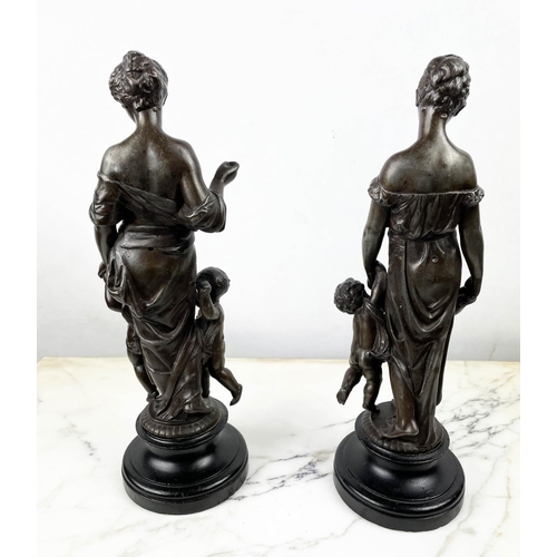 10 - MAIDENS WITH CHILDREN, a pair, spelter, 36cm H. (2)