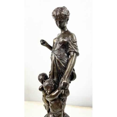 10 - MAIDENS WITH CHILDREN, a pair, spelter, 36cm H. (2)