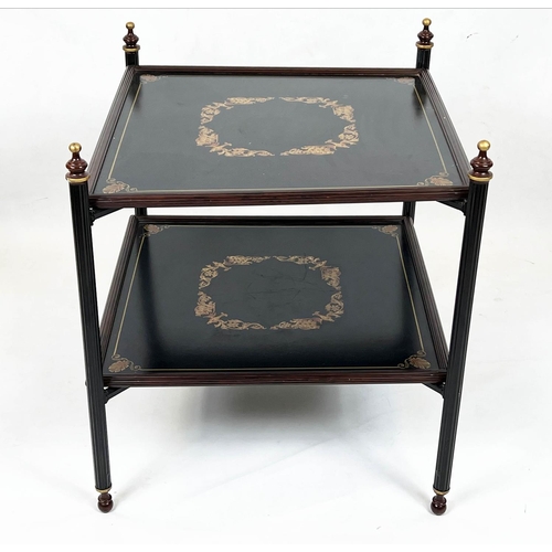 108 - ETAGERE, 62cm H x 57cm W x 61cm D, black metal and gilt decorated, of two tiers on folding supports.