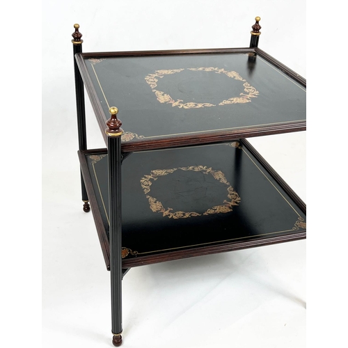 108 - ETAGERE, 62cm H x 57cm W x 61cm D, black metal and gilt decorated, of two tiers on folding supports.