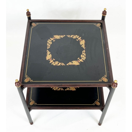 108 - ETAGERE, 62cm H x 57cm W x 61cm D, black metal and gilt decorated, of two tiers on folding supports.