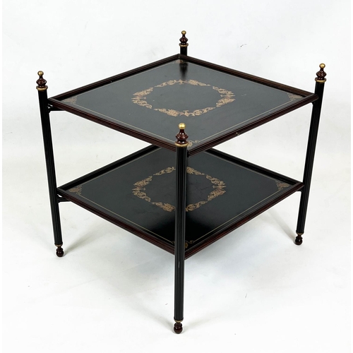 108 - ETAGERE, 62cm H x 57cm W x 61cm D, black metal and gilt decorated, of two tiers on folding supports.