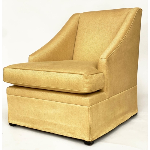 113 - EGERTON ARMCHAIRS, a pair, Egerton golden yellow silk weave upholstered with sloping arms, 76cm W.