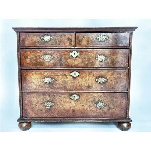 116 - CHEST, early 18th century English Queen Anne figured walnut and crossbanded with two short and three... 