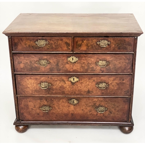 116 - CHEST, early 18th century English Queen Anne figured walnut and crossbanded with two short and three... 