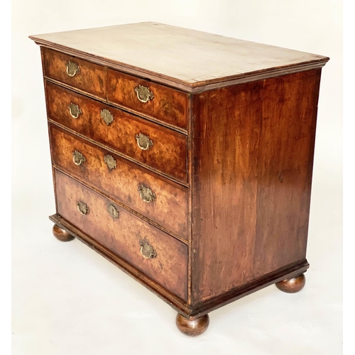 116 - CHEST, early 18th century English Queen Anne figured walnut and crossbanded with two short and three... 