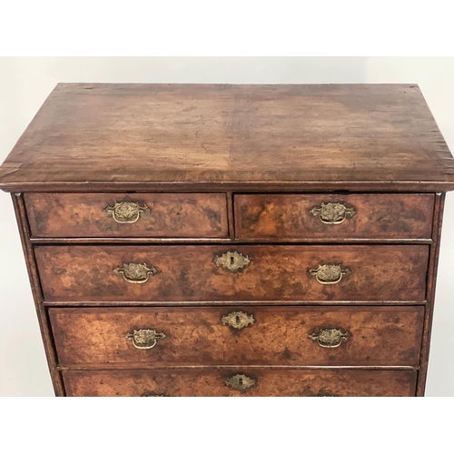 116 - CHEST, early 18th century English Queen Anne figured walnut and crossbanded with two short and three... 