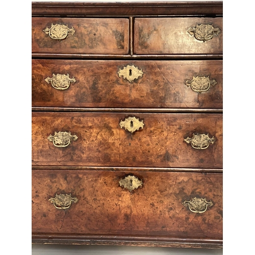 116 - CHEST, early 18th century English Queen Anne figured walnut and crossbanded with two short and three... 