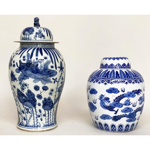 117 - CHINESE VASE, 37cm H, blue and white, with cover, together with a large dragon patterned ginger jar,... 